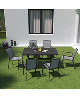 7-Piece Aluminum Frame Outdoor Dining Set with Faux Wood Table Stackable Chairs Patio Furniture Set, Brown