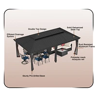 12x20 Ft Hard Top Metal Gazebo Patio Double Roof Canopy Aluminum Frame Gazebo with Netting Tent Curtains