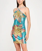 Bcx Juniors' T-Neck Lily Placement Sequin Bodycon Dress