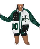 Gameday Couture Women's Green/White New York Jets Oversized Hot Shot Rhinestone Throwback Full-Snap Varsity Bomber Jacket