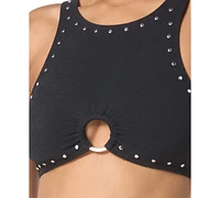 Michael Kors Women's Crepe Front-Ring Studded Bikini Top