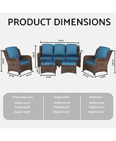 5-Piece Rattan Sectional Conversation Set: Outdoor Couch, 2 Chairs, 2 Ottomans