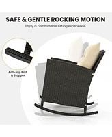 Gymax 3 Piece Outdoor Rocking Set Rattan Rocking Chair Set w/ Tempered Glass Table Seat