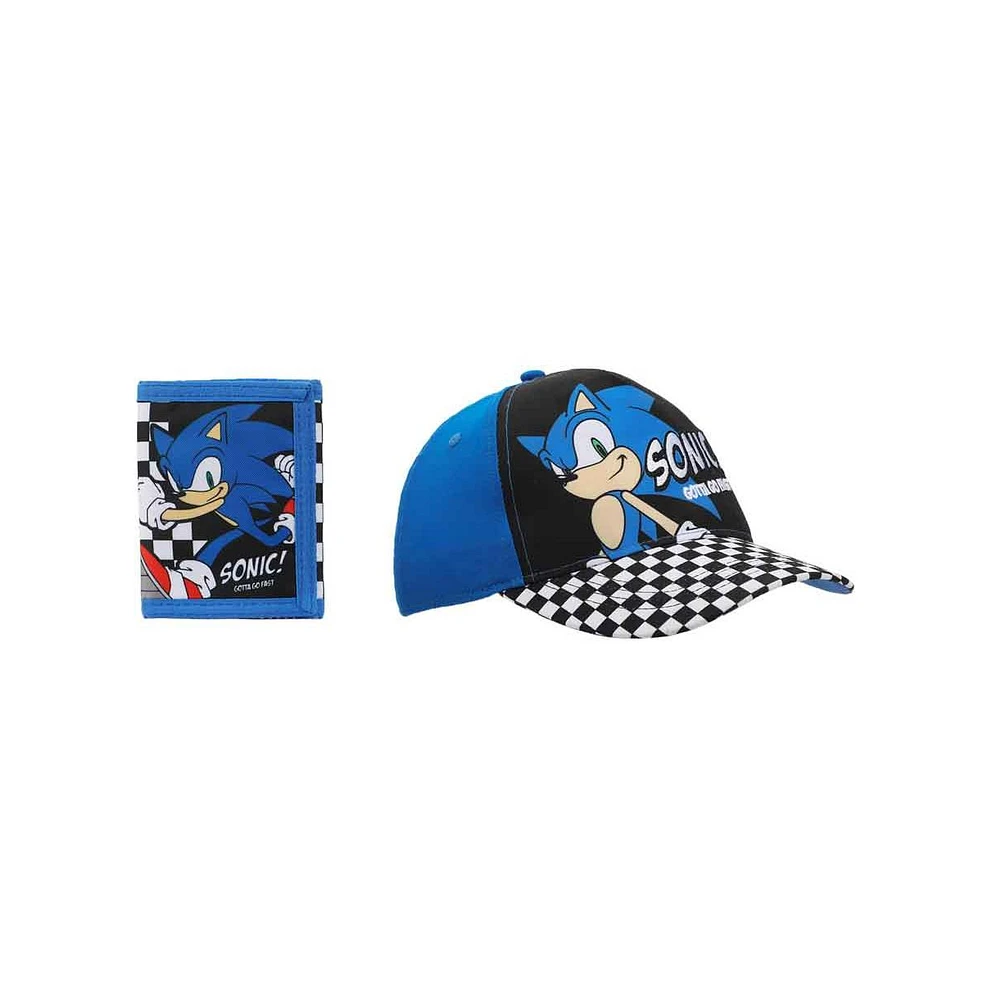 Sonic The Hedgehog Character & Checkered Patterns 2-Piece Curved Snapback Hat & Bi-Fold Wallet Set