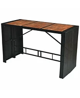 7 Pcs Patio Rattan Wicker Bar Dining Furniture Set wood Table Top 6 Stools