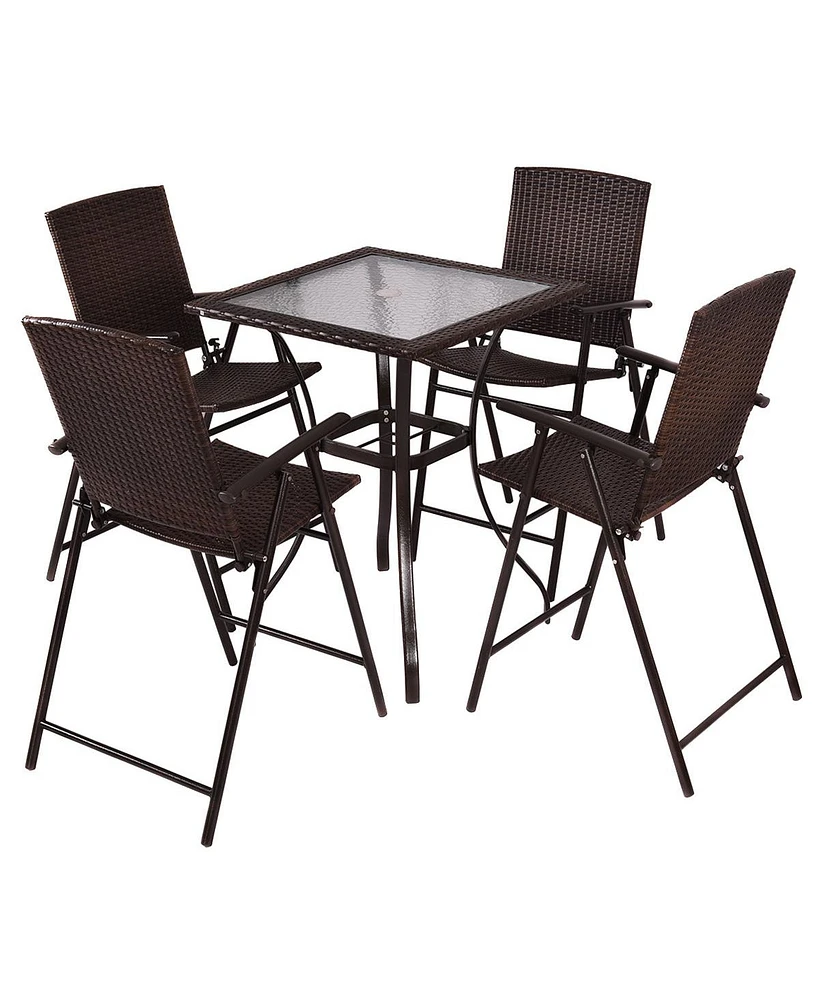 5PC Rattan Patio Furniture Set 4 Bar Stool Folding Chair and Bar Table W/Glass Top