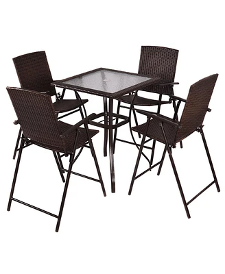 5PC Rattan Patio Furniture Set 4 Bar Stool Folding Chair and Bar Table W/Glass Top