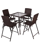 5PC Rattan Patio Furniture Set 4 Bar Stool Folding Chair and Bar Table W/Glass Top