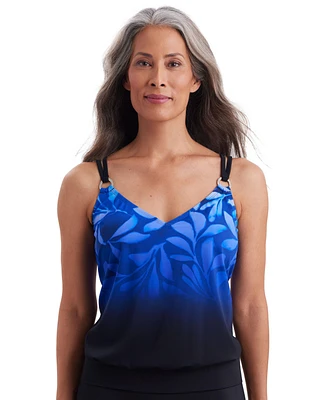 ShapeSolver by Mimi Flamingo Women's Tiger Sunrise V Neck Blouson Ring Tankini Swimsuit Top