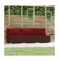 3 Seat Patio Sofa with Cushions Brown Poly Rattan