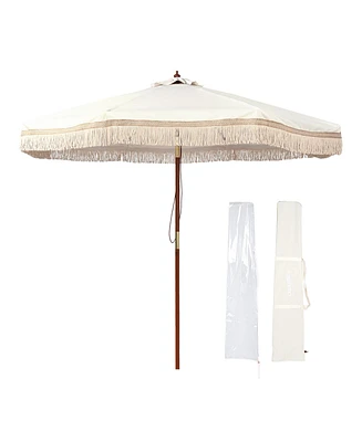 LAGarden Boho 9' Fringe Patio Umbrella with Tassels UPF50+ Boho Style 5-Year-Non-Fading for Outdoor Yard Market Ivony Xchevron