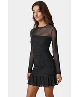 Bebe Women's Flounce Mesh Long Sleeve Mini Dress