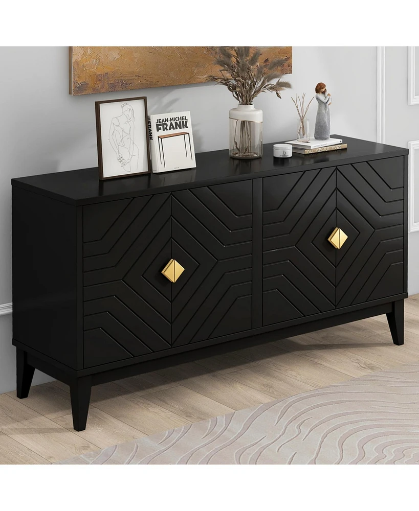 4-Door Black Sideboard Cabinet with Gold Handles and Adjustable Shelf
