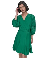 Dkny Petite Faux-Wrap Embroidered-Sleeve Fit & Flare Dress