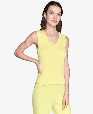 Karl Lagerfeld Paris Women's Embellished V-Neck Ribbed Knit Sleeveless Top