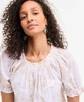 Style & Co Women's Cotton Printed Contrast-Stitch Puff-Sleeve Top, Exclusively at Macy's