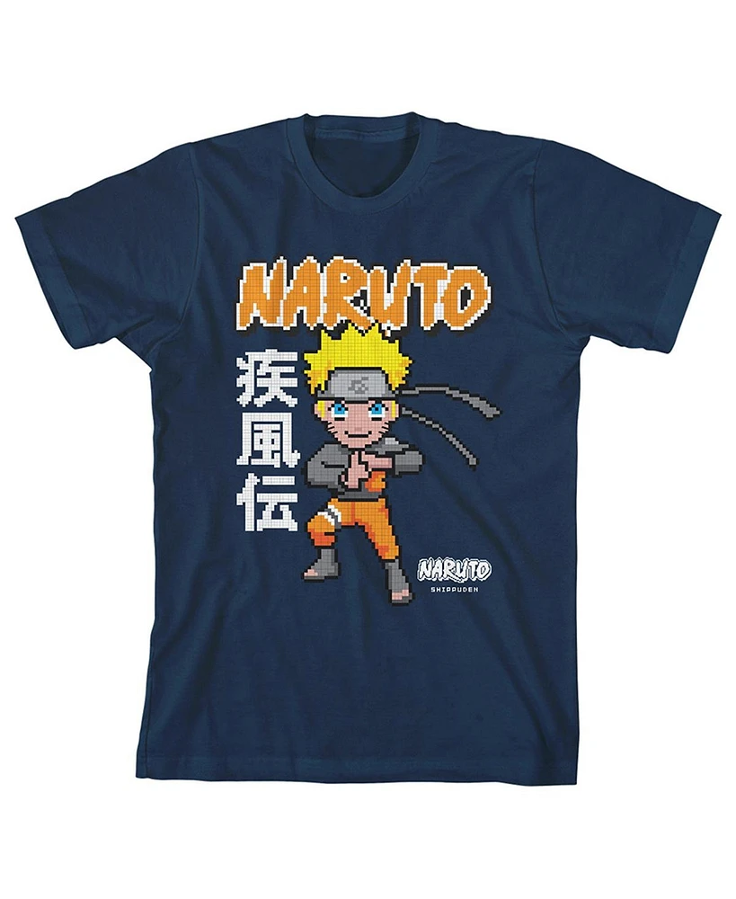 Naruto Boys Shippuden Pixel Character Youth Navy Blue Graphic Tee-xl