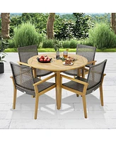 Gymax 5 Pcs Patio Dining Set Round Acacia Wood Table 4 Wicker Armchairs Outdoor Garden