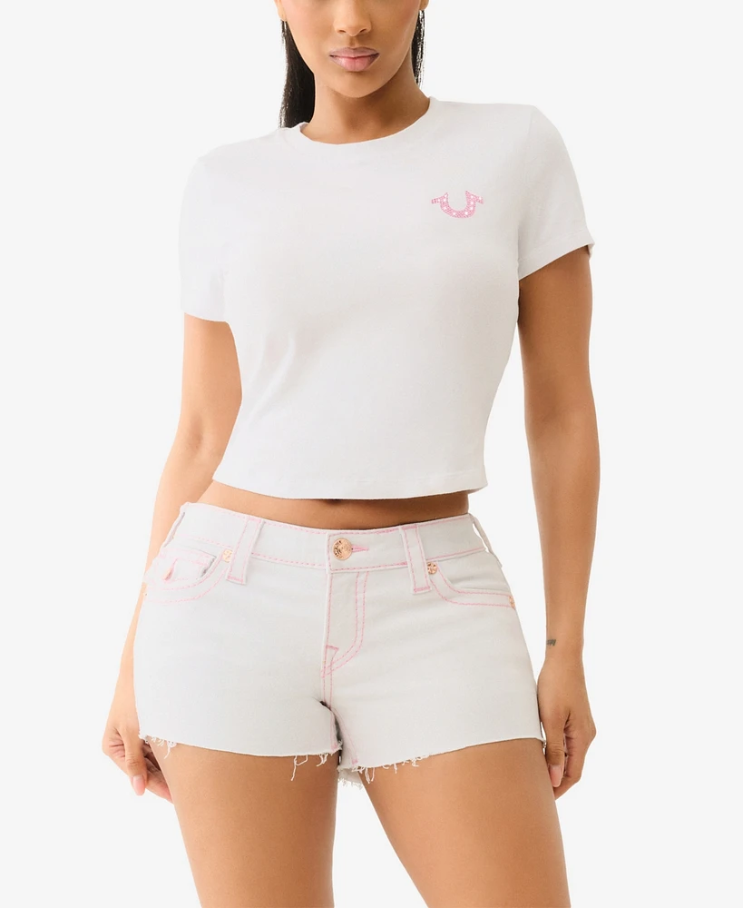 True Religion Women's Short Sleeve Crystal Buddha Baby T-Shirt