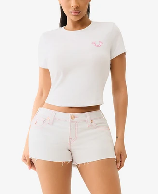 True Religion Women's Short Sleeve Crystal Buddha Baby T-Shirt