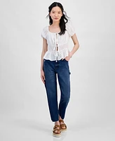 Hippie Rose Juniors' Shirred Tie-Front Peasant Top