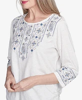 Alfred Dunner Women's Summer Solstice Linear Embroidered Tie Sleeve Top