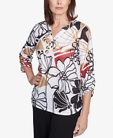 Alfred Dunner Women's Natural Instinct Bold Floral Illustrated Henley Mandarin Collar Top