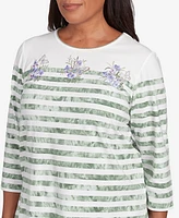 Alfred Dunner Women's Santa Fe Tie Dye Stripe Embroidered Crew Neck Top