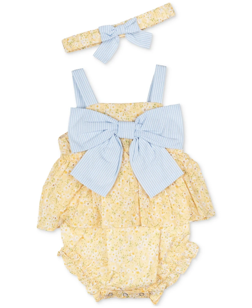 Rare Editions Baby Girls Daisy-Print Eyelet Romper & Headband, 2 Piece Set
