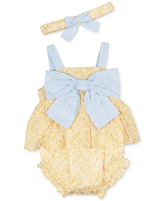 Rare Editions Baby Girls Daisy-Print Eyelet Romper & Headband, 2 Piece Set