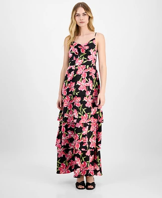 Anne Klein Women's Printed Satin Tiered Cowlneck Maxi Dress