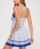 Trixxi Juniors' Ruched-Waist Printed Halter Mini Dress