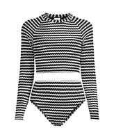 Lands' End Women's Crochet Long Sleeve Bikini Top and High Waisted Bottoms Swimsuit Set