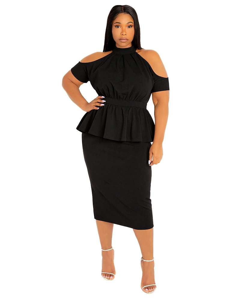 Buxom Couture Plus Cut-out Shoulder Peplum Midi Dress