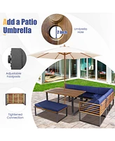 Gymax 8PCS Patio Dining Set Acacia Wood L Shaped Sectional Sofa Set w/ Navy Cushions