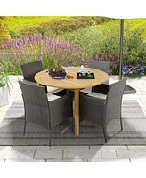 Gymax 5 Pcs Patio Dining Set Round Acacia Wood Table 4 Cushioned Wicker Armchairs