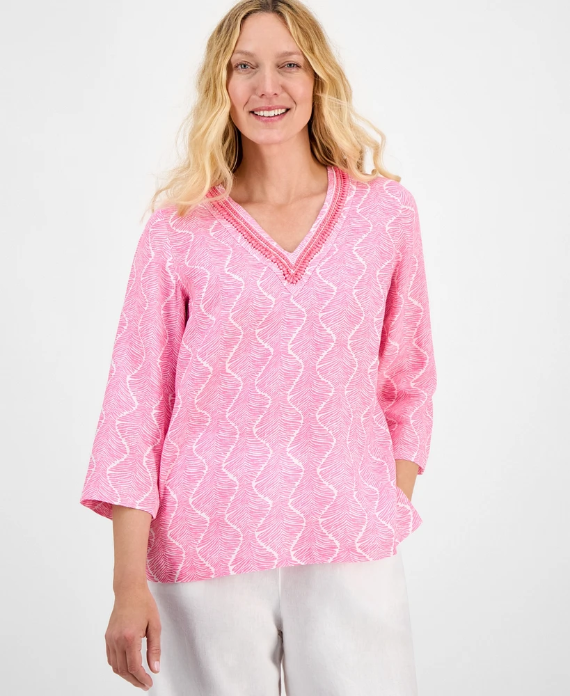 Charter Club Women's Printed 100% Linen Embellished Top, Exclusively at Macy's