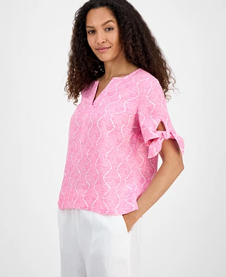 Charter Club Women's Linen Printed Tie-Cuff Blouse, Exclusively at Macy's