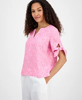Charter Club Women's Linen Printed Tie-Cuff Blouse, Exclusively at Macy's