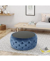 Round Velvet Tufted Ottoman with Tempered Glass Top, Modern Glam Design, Upholstered Footrest, Elegant Coffee Table Alternative for Living Room-The Po