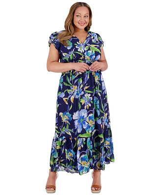 London Times Plus Printed Smocked-Waist Bubble-Sleeve Maxi Dress