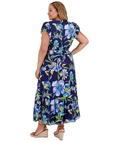 London Times Plus Printed Smocked-Waist Bubble-Sleeve Maxi Dress
