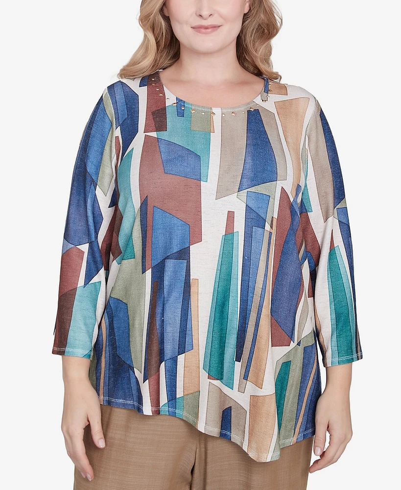 Alfred Dunner Plus Summer Solstice Abstract Stained Glass Crew Neck Top