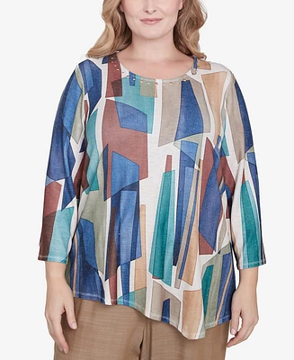 Alfred Dunner Plus Summer Solstice Abstract Stained Glass Crew Neck Top
