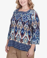 Alfred Dunner Plus Summer Solstice Ikat Diamond Border Square Neck Top
