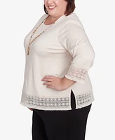 Alfred Dunner Plus Summer Solstice Lace Trimmed Knit Top with Necklace
