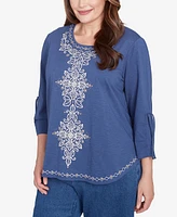 Alfred Dunner Plus Summer Solstice Embroidery Centered Tie Sleeve Top