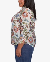 Alfred Dunner Plus Summer Solstice Batik Floral Button Front Top