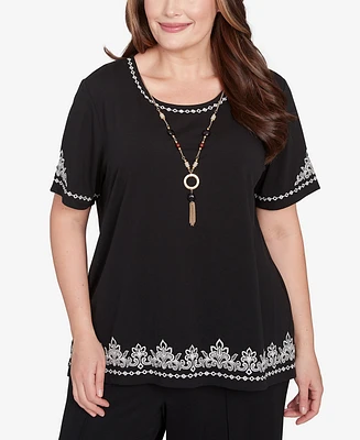 Alfred Dunner Plus Natural Instinct Embroidered Border T-Shirt with Necklace