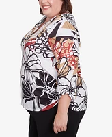 Alfred Dunner Plus Natural Instinct Bold Floral Illustrated Henley Top